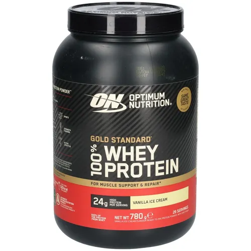 Optimum Nutrition Gold Standard 100 % Whey Protein - 780 g Pulver - Hochwertiges Whey Protein von Optimum Nutrition in der praktischen 780g-Dose. Pro Portion 24 g Protein zur Unterstützung eines aktiven Lebensstils. Ideal für die Zubereitung von Shakes nach dem Sport oder zwischen den Mahlzeiten.