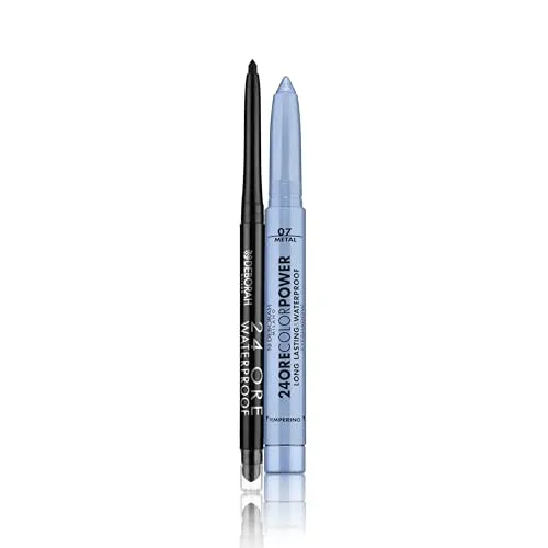 Deborah Milano Make-up-Set 24 Stunden, automatisch, wasserfest, 01 Black und Lidschatten mit Stick 24 Stunden Color Power, 7 Light Blue, wasserfest und mit langanhaltendem Effekt