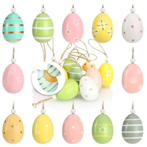 com-four® 12x Ostereier zum Aufhängen - Osterdeko aus Holz in tollen Farben - Deko Ostereier mit schönen Mustern