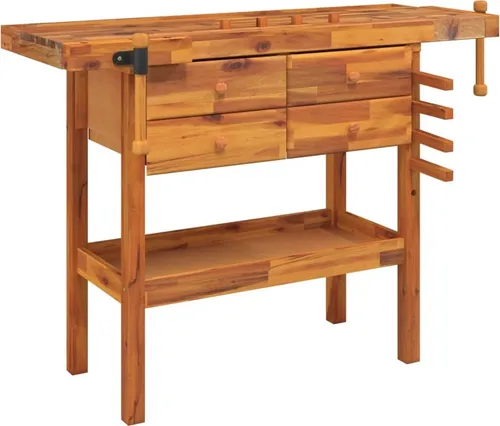 vidaXL Werkbank mit Schubladen und Schraubstöcken aus Akazienholz