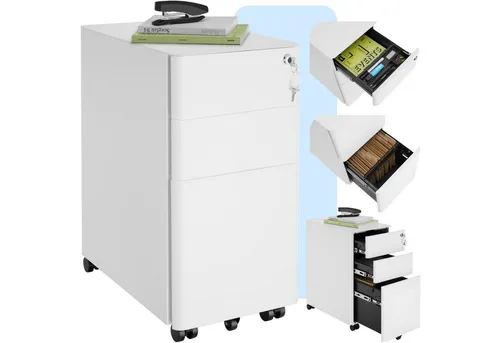 TecTake Aktenrollschrank Parvus - 2 Schubladen, 1 Hängeregister, weiß - Vertikale Büro-Aktenschränke mit robustem Stahl, ideal für die Organisation von DIN-A4-Dokumenten, inklusive zentralem Zylinderschloss für Sicherheit.