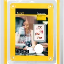 Securit Fenster-Schildhalter A4 gelb - Fensterschilder, einfach zu befestigen mit 4 Saugnäpfen, ideal für professionelle Präsentationen und wetterbeständig.