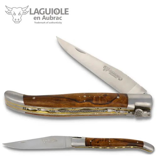 Laguiole en Aubrac Taschenmesser L0712WC1-FSB1 mit Eisenholzgriff - Hochwertiges Jagdmesser mit 12 cm Griff aus Eisenholz, Doppelplatine aus Messing und Stahl. Ideal für Outdoor-Aktivitäten und handwerkliche Einsätze.