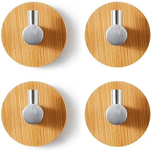 Lansls 4 Stück Holz Bambus Wandhaken, Selbstklebende Bambushaken, Handtuchhaken Aus Bambus, Kein Bohren Selbstklebend Edelstahlhaken Bambus Handtuchhaken Für Badezimmer, Toilette, Küche (Silber)