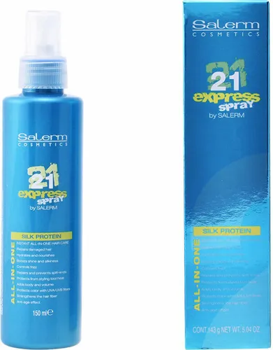 Salerm 21 Express Silk Protein Spray 150ml - Feuchtigkeitsspendendes Haarspray für geschädigtes Haar, erleichtert das Kämmen und sorgt für Geschmeidigkeit und Glanz. Ideal für empfindliches Haar, einfach anzuwenden und ohne Ausspülen.