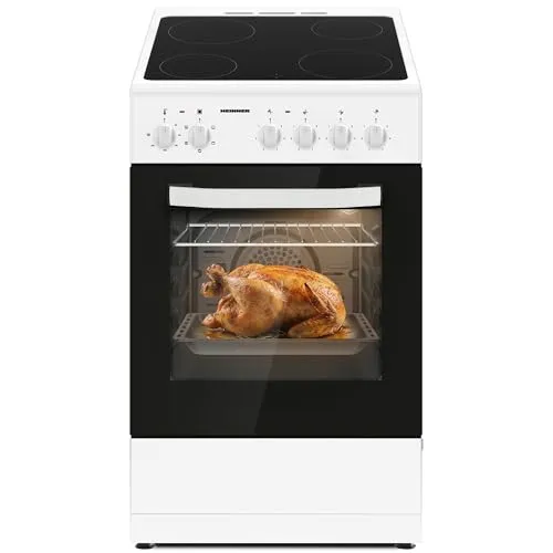 HEINNER HFSC‑S56E4VWH Elektroherd mit Glaskeramik-Kochfeld 4 Zonen, 43 L Backofen, LED-Display, Timer, vielseitige Kochfunktionen, einfach zu reinigen, modernes Weiß, 5 Jahre Garantie