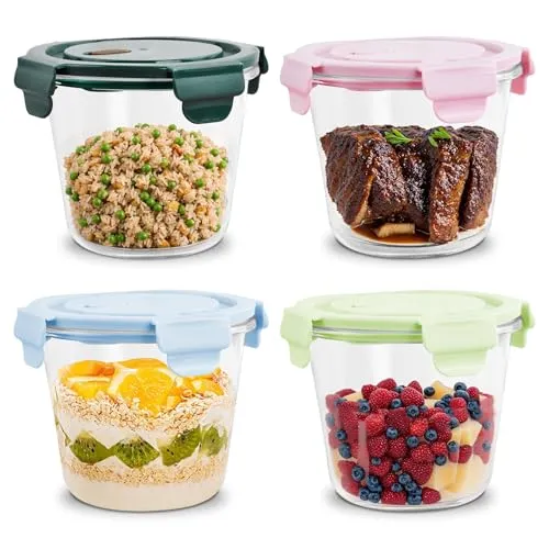 Focenat 4er Glas Suppe Behälter, 710ml Glasbehälter mit luftdichten Lids, Glas Schalen, Glasdose, Meal Prep gläser, Suppenbehälter für Mikrowellen und Kühlschrank