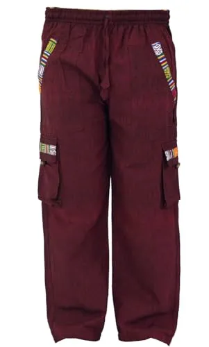 GURU SHOP Yogahose - Ethnostyle Goa Hose in Wine, Herren, Größe M - Yoga-Hosen für Herren, leichte Goa Hose aus Baumwolle mit elastischem Bund und traditionellen nepalesischen Webbordüren für einen einzigartigen Look.