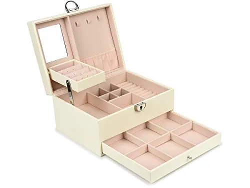 Bingo-Shop Schmuckkasten Schmuckkästchen mit Spiegel abschließbarer Schmuck-Organizer für Ringe, Armbänder, Ohrringe, Samtfutter Kosmetikkoffer Aufbewahrungsbox Weiß