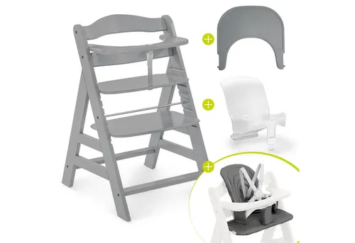 Hauck Hochstuhl Alpha Plus Grey, Holz Baby Kinderhochstuhl mit Tablett Click Tray, Baby-Sitz & Sitzpad