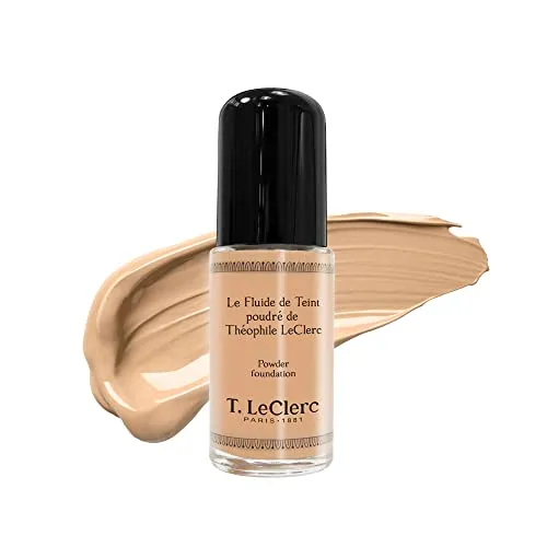 T.LeClerc Powdery Complexion Fluid Creme Foundation 30 ml Nr. 03 - Beige Sable Mat - Make-up mit mattem Finish, Hyaluronsäure und Vitamin E, für ein strahlendes, natürliches Aussehen und individuell anpassbare Deckkraft.