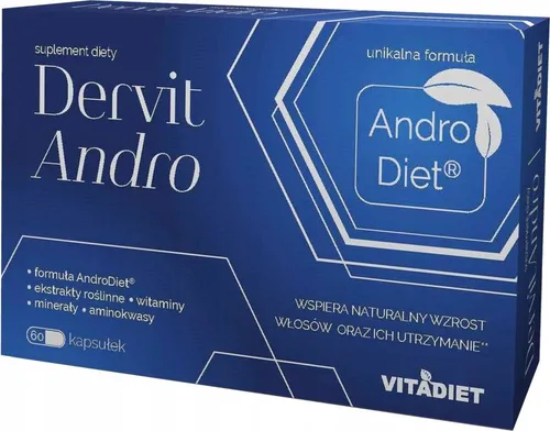 VITADIET Dervit Andro 60 Kapseln - Nahrungsergänzungsmittel für Männer, unterstützt Vitalität und Energie mit hochwertigen Inhaltsstoffen aus Polen.