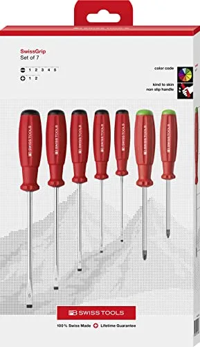 PB Swiss Tools Schlitz Pozidriv Schraubendreher Set PB 8250.P | 100% Swiss Made | 7-teiliges SwissGrip Schraubenzieher Set Schlitz 1/2/3/4/5 PZ 1/2 für universellen Einsatz in Industrie und Handwerk