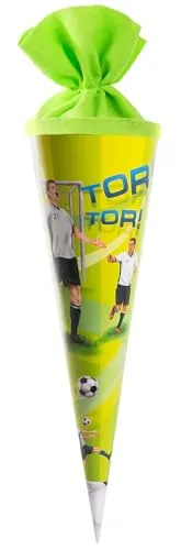 goldbuch 93 578 Geschwistertüte Fußballer, Schultüte mit Fußball-Muster, Lackkarton, Geschenkverpackung mit grünem Filzverschluss (ohne Verschlussband), Zuckertüte rund, Länge 35 cm, Ø 11,5 cm, Grün