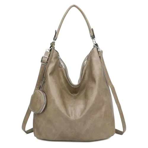 OBC Damen Tasche Shopper Hobo-Bag Schultertasche Umhängetasche Handtasche Damentasche Reisetasche Beuteltasche Leder Optik Taupe