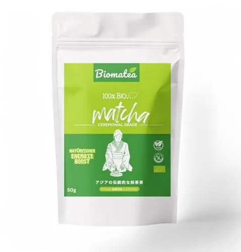 Biomatea 50g Matcha, 100% reiner, frischer Matcha Pulver Tee, Zip-Beutel, A6 Ceremonial Grade, Antioxidant, Vegan