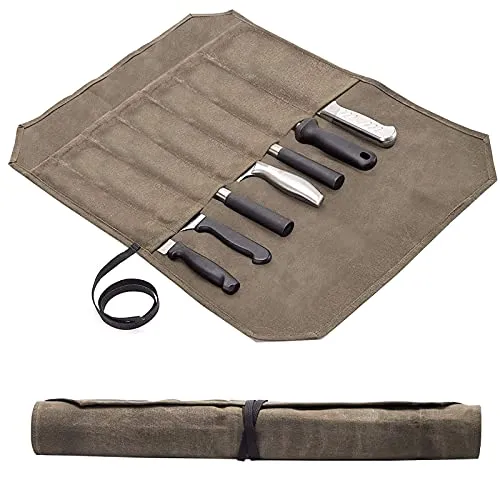 Koch Messer Roll Bag - Tragbare 7 Slots Messer Tasche - Robuste Messertasche aus 340 g schwerem, gewachstem Segeltuch, ideal für Profis und Hobbyköche. Perfekt für Camping und Grillen, mit 7 Fächern für sichere Aufbewahrung und Transport Ihrer Messer.