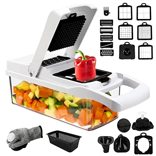 in 1 Gemüseschneider, Gemüse Schneider mit 12 Klingen Edelstahl und Handschuhe, Würfelschneider Zwiebelschneider, Vegetable Chopper Dicer für Gemüse und Obst, Karotte, Kartoffel, Knoblauch 23