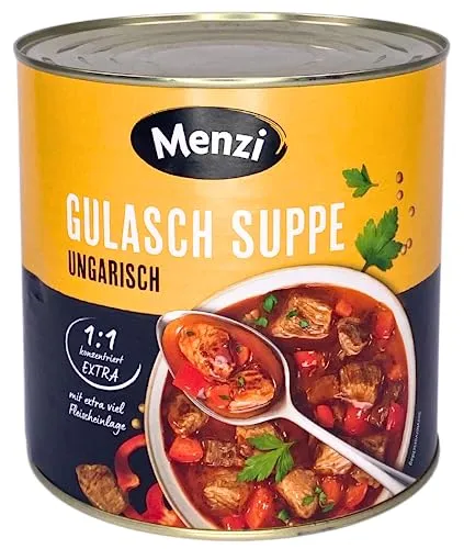 Menzi's Gulasch Suppe ungarisch konzentriert extra - Fertiggerichte mit doppeltem Genuss! Menzi's Gulasch Suppe vereint zartes Rindfleisch, aromatische Zwiebeln und pikante Gewürze in einer 1:1 Konzentration. Ideal als Grundlage für kreative Gerichte oder als schneller Genuss!
