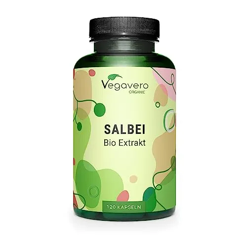 Bio Salbei Kapseln Vegavero | Mit 1% Rosmarinsäure | 500mg Extrakt pro Einheit | aus Frankreich | Starkes Schwitzen | Hitzewallungen Wechseljahre | 120 Stück | Vegan