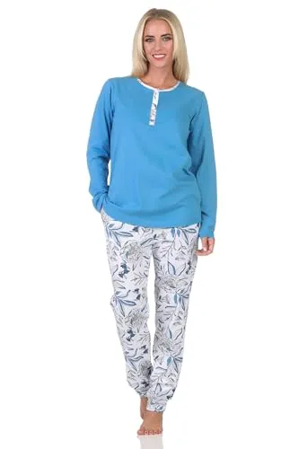 Normann Damen Pyjama Schlafanzug mit floralem Print in Übergrößen – Farbe: Blau, Größe: 56-58 - Bequemer Langarm-Pyjama mit modischer floralem Hose. Ideal für entspannte Nächte, in Übergrößen bis 60/62 erhältlich. Hergestellt nach Oeko-Tex Standard 100 für geprüfte Qualität, waschbar und trocknergeeignet.