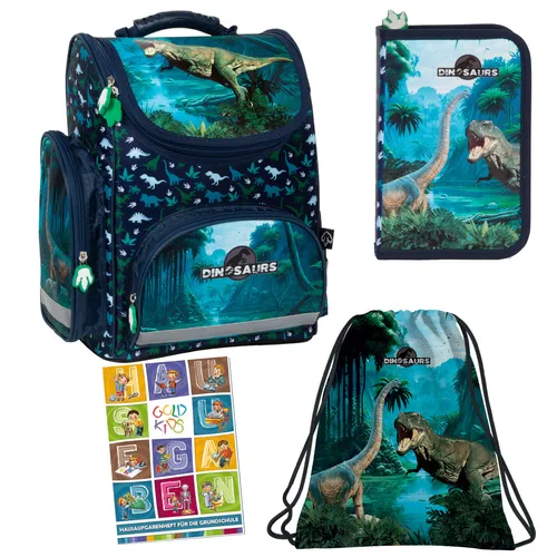 Schulranzen 4er-Set - Dinosaurier Motiv für Kinder - Ranzen, Taschen & Rucksäcke - Praktisches 4er-Set mit buntem Dinosaurier-Design, ideal für Jungen in der 1-3 Klasse.