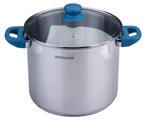 Fackelmann Kochtopf mit Deckel Essential, Ø24cm, blau 66107 - Edelstahl Kochtopf mit Glasdeckel, ergonomische Softtouch-Griffe und praktische Literskala, ideal für energiesparendes Kochen mit modernem Design.