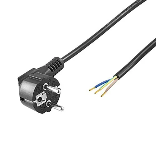 Schutzkontaktkabel abgewinkelt | 2m | zum Konfektionieren | Schutzkontaktstecker (Typ F, CEE 7/7) > lose Kabelenden | mit angepressten Aderendhülsen | Stromkabel Netzkabel | Schwarz | 2 Meter