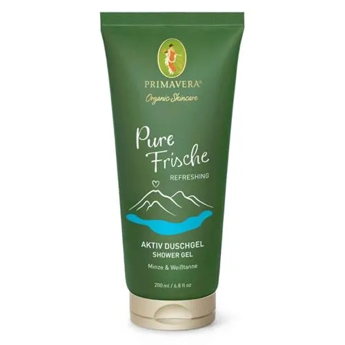 PRIMAVERA Pure Frische Aktiv Duschgel 200 ml - Duschgel, Naturkosmetik – Minze, Weißtanne Duft - reinigt schäumend, pflegt die Haut, bewahrt die natürliche Feuchtigkeit – vegan