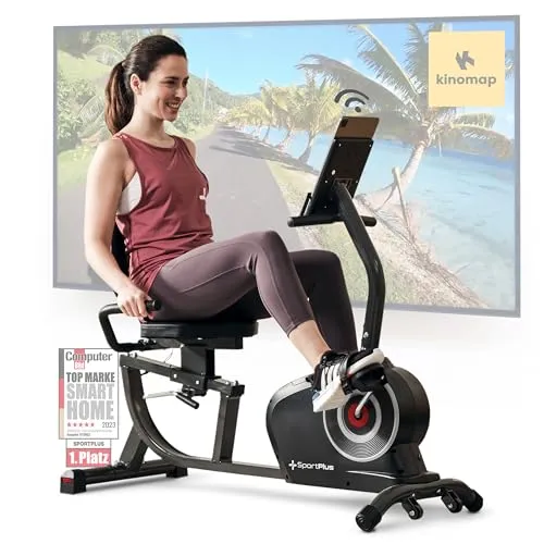 SportPlus Liegeheimtrainer für zuhause mit App-kompatibilität, 24 Stufen & 6 Trainingsprogramme, rutschfeste Pedale, mit Display & Tablethalterung, bis 100 kg