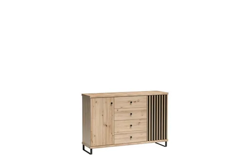 Marmex Möbel Kombikommode CALI 04 N - Kombikommode mit 4 Schubladen und 2 Schranktüren, elegantes Design mit dekorativen Lamellen und stabilen Metallbeinen, ideal für stilvolle Aufbewahrung.