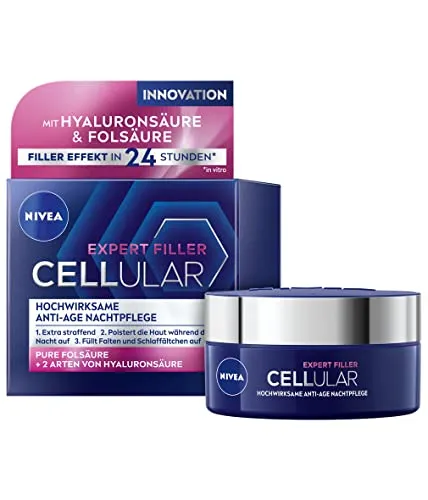 NIVEA Cellular Expert Filler Nachtpflege 50 ml - Nachtpflege – Hochwirksame Anti-Age Creme mit Hyaluronsäure für einen sofortigen Auffüllungseffekt und frisches Aussehen am Morgen. Ideal für alle Hauttypen, auch empfindliche Haut.