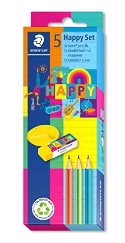 STAEDTLER Schreibwarenset Set, in den bunten Happy-colours, 3 Noris Bleistifte, 1 rasoplast Radiergummi, 1 Doppelklappspitzdose, zum Schreiben und Malen, 61 SC3 HA
