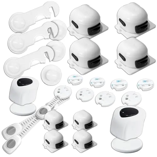 KRUMAD Kindersicherung Set 23 Stück, Schranksicherung, Schubladensicherung, Steckdosen Kindersicherung, Türsicherung ohne Bohren, Magnetverschluss Schrank, Baby Schranksicherung Zubehör