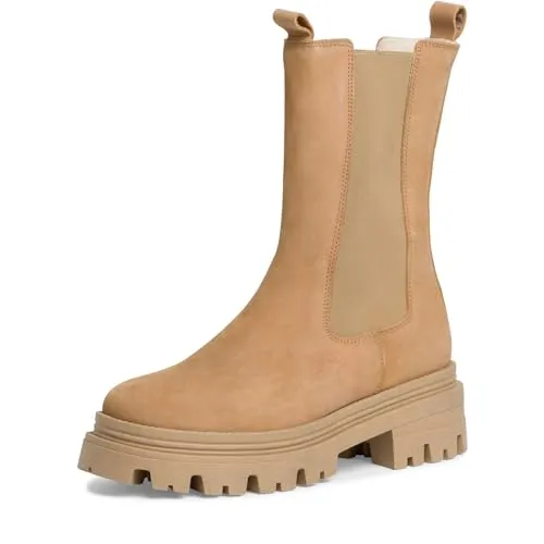 Tamaris Damen Chelsea Boots aus Leder, CAMEL/Braun, 38 EU - Wanderschuhe mit herausnehmbarem Fußbett und echtem Leder, ideal für höchsten Tragekomfort und Bequemlichkeit.