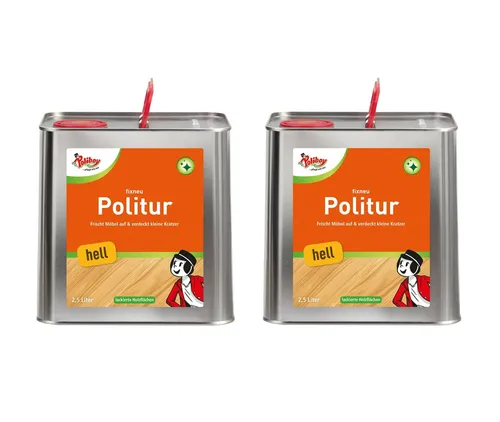 Poliboy Fixneu Möbelpolitur hell - 2x2,5 Liter - Reinigungsmittel für helle Oberflächen, entfernt hartnäckige Verschmutzungen und kleine Kratzer, pflegt intensiv und schützt die Natur - Made in Germany.