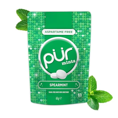 PUR Mints | Aspartamfreie bonbons für frischen Atem| Mit Xylitol | Zuckerfrei, vegan, glutenfrei | Natürlicher Grüne Minze-Geschmack | 65 Stück im wiederverschließbaren Beutel (1er-Pack)