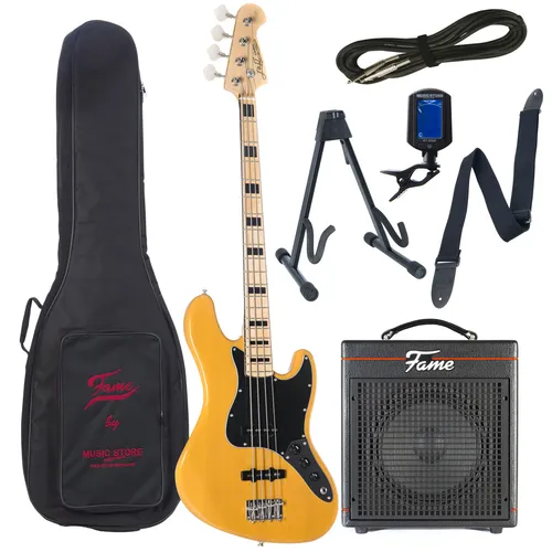 E Bass Anfänger Set J & D JB Vintage 1975 BSB + Gaia - Komplettes E-Bass Set mit Butterscotch Blonde E-Bass, leistungsstarkem Combo-Verstärker und praktischem Zubehör. Ideal für Einsteiger, um direkt durchzustarten!