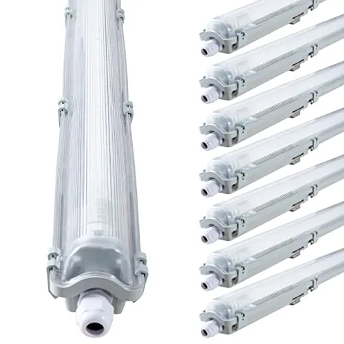 proventa IP65 LED-Feuchtraumleuchte 120cm mit 18W LED-Röhre 2.160 Lumen Klappdeckel Steckklemme Kabeleinführung bis NYM-J 3x2,5mm² - Sparset 8x