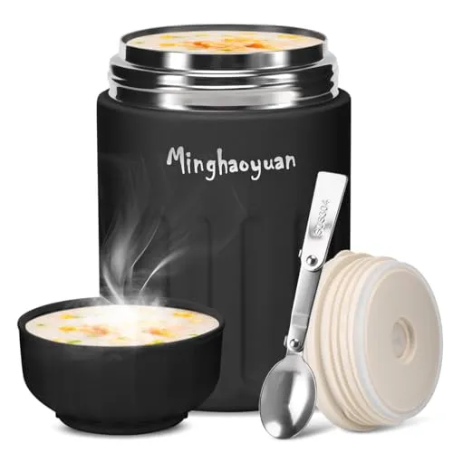 minghaoyuan Thermobehälter für Essen, 600ml Edelstahl Thermobecher Essen mit Löffel, 100% auslaufsicher, Warmhaltebehälter Essen, Mueslicup oder Babybrei Warmhaltebox (Schwarz)
