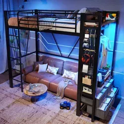 Hochbett 90x200 Schwarz – Eisenrahmen, 4 Schubladen, LED, USB-C, Stauraum-Wunder | Ohne Matratze - Schwarz