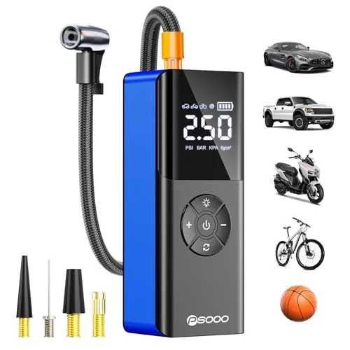 PSOOO Tragbare kabellose elektrische Luftpumpe, 150PSI Digitalmanometer, LED-Licht, automatische Abschaltung, mit allen Ventiladaptern für Auto, Motorrad, E-Bike, Fahrrad und Bälle