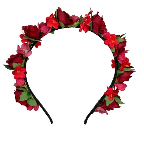 Blumen Haarreif „Sabia“ – Romantischer Haarschmuck mit Rosen & Blüten für Damen & Mädchen – Perfekt zum Dirndl, zur Hochzeit, Kommunion oder Festival (Rot, Einheitsgröße)