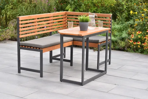 Merxx Eckbank Set mit Klapptisch - Braun - Gartenmöbel-Set für 3-4 Personen, flexibel montierbar und platzsparend. Inklusive bequemer Auflagen und klappbarem Tisch aus edlem Akazienholz für maximale Flexibilität auf Ihrem Balkon.
