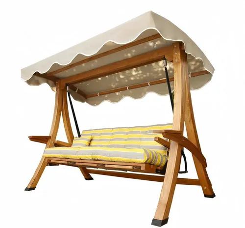 Braun-Beige Gartenschaukel mit Sonnendach für den Garten - Luxuriöse Schaukelliege für bis zu 3 Personen, aus hochwertigem Holz gefertigt. Ideal für entspannte Stunden im Freien, inklusive komfortablem Sitzpolster und schattenspendendem Dach.