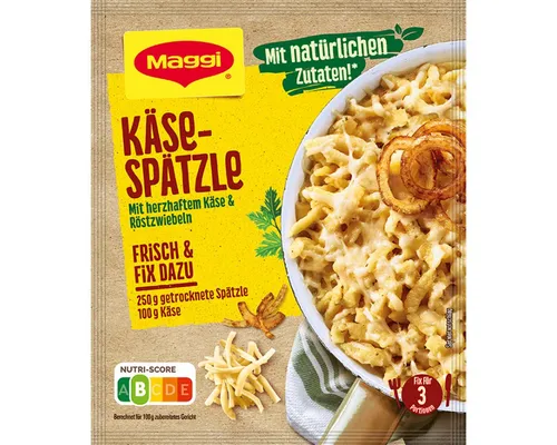 MAGGI Fix Käse Spätzle mit Röstzwiebeln 30g - Leckere Käse Spätzle mit 26,3% Röstzwiebeln und natürlichen Zutaten für eine schnelle und schmackhafte Zubereitung. Ideal für Pasta-Liebhaber!