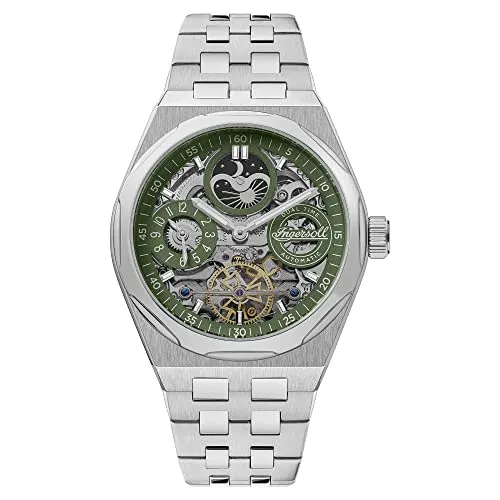 Ingersoll The Broadway Dual-Zeit Herrenuhr I12905 - Armbanduhren mit grünem Skelett-Zifferblatt, Dual-Zeit-Funktion und 50 m Wasserdichtigkeit, ideal für stilbewusste Herren.