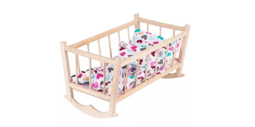 GOLDKIDS Puppenbett Naturholz Spielzeug Holzspielzeug mit Textilausrüstung (Bettwäsche Matratze), Kopfkissen Bettdecke Wiege für Puppen