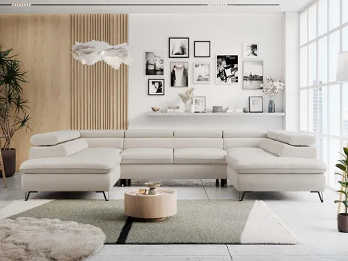 MKS MEBLE Sofa U-Form Beige - Schlafsofa mit Bettkasten und verstellbaren Kopfstützen - Sofas & Couches mit HR-Schaum für optimalen Komfort, 2 Bettkästen für viel Stauraum und flexibles Design für moderne Wohnzimmer.