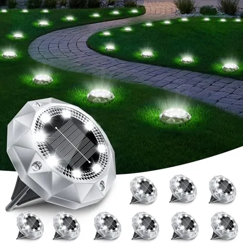 FIFlying Solar Bodenleuchten 10 Stück, 8 LED Wasserdichte Solar Gartenleuchten für Außen Solarleuchten Solarlampen für Garten Patio Rase Outdoor Gehweg Beleuchtung Gartenbeleuchtung Kaltweiß